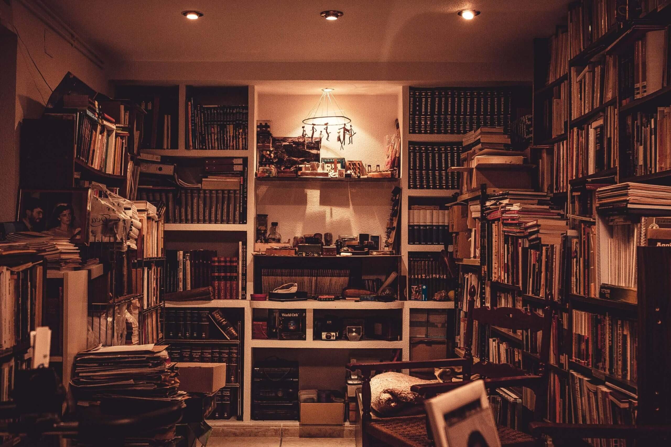 Room crowded with books and knick-knacks