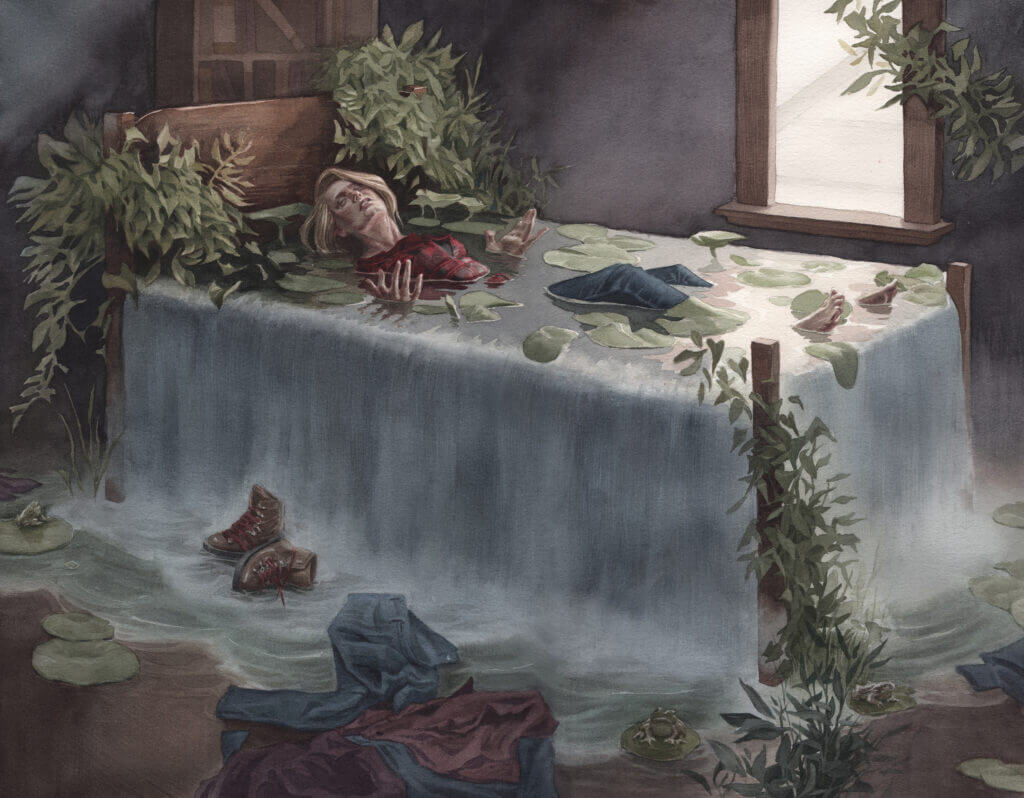 Illustration of a woman on a bed that is overflowing with water
